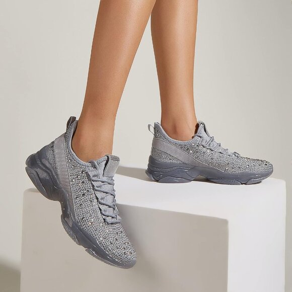 Women's Rhinestone Gray  Mesh Slip On Walking Breathable Glitter Sneaker Shoes - Picture 2 of 7